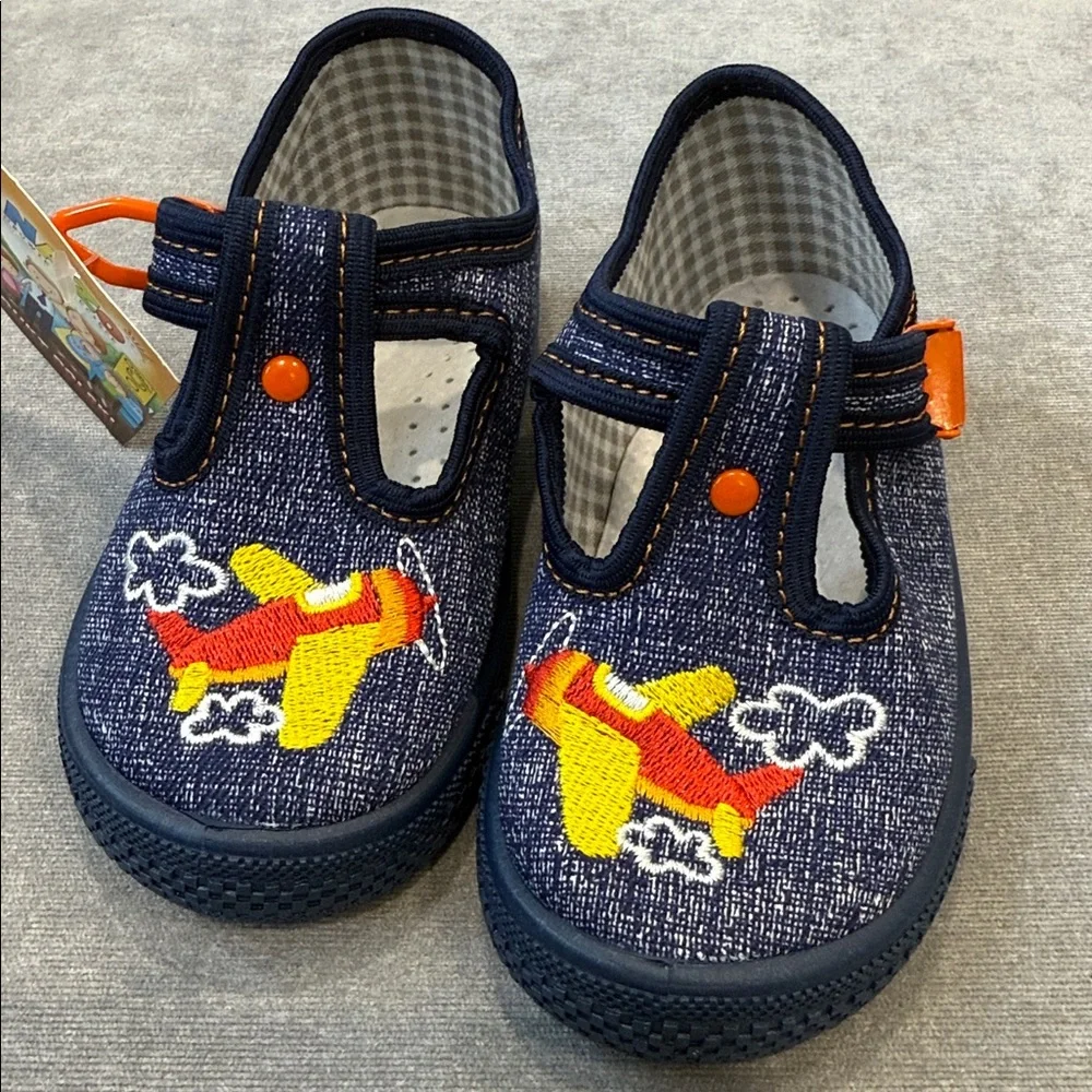 Kids Airplane Denim Shoes - Blue and Yellow